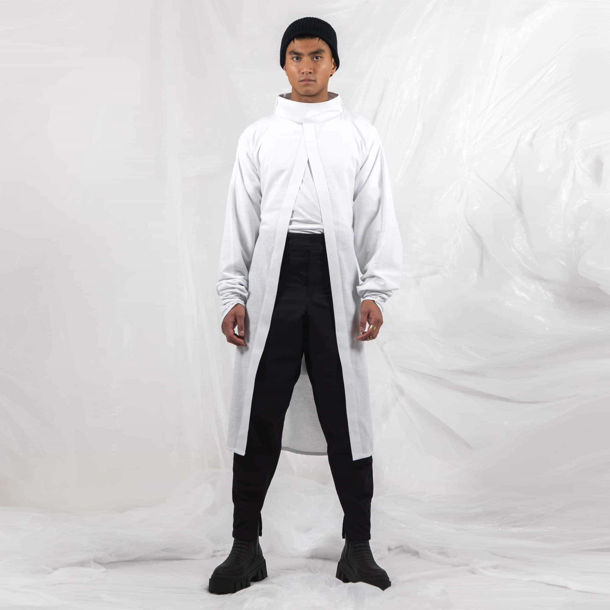ZERØ London - Front full length view, mens zero waste long sleeve shirt in white with white tie belt, designed & made in London