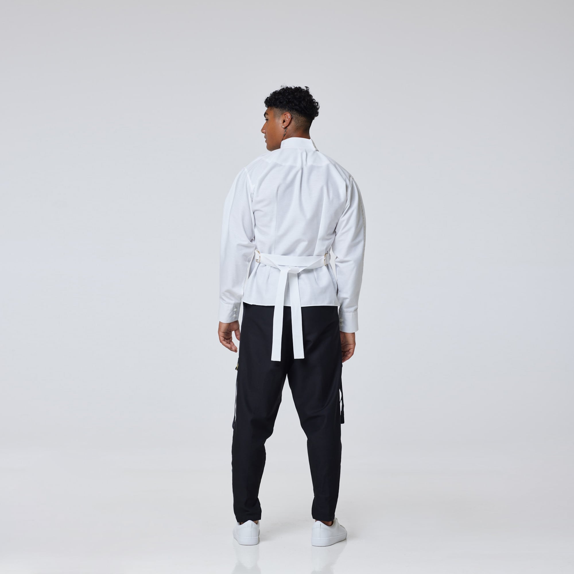 ZERØ London - Back view, mens luxury white dress shirt, zero waste fashion, designed & made in London