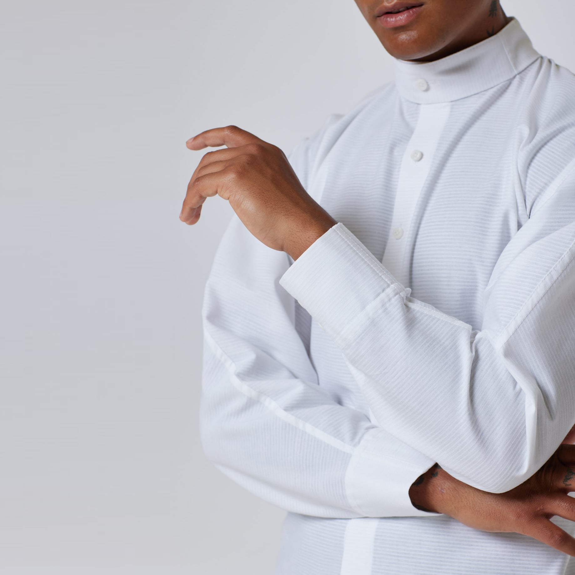 ZERØ London - Close up view, mens luxury white dress shirt, zero waste fashion, designed & made in London