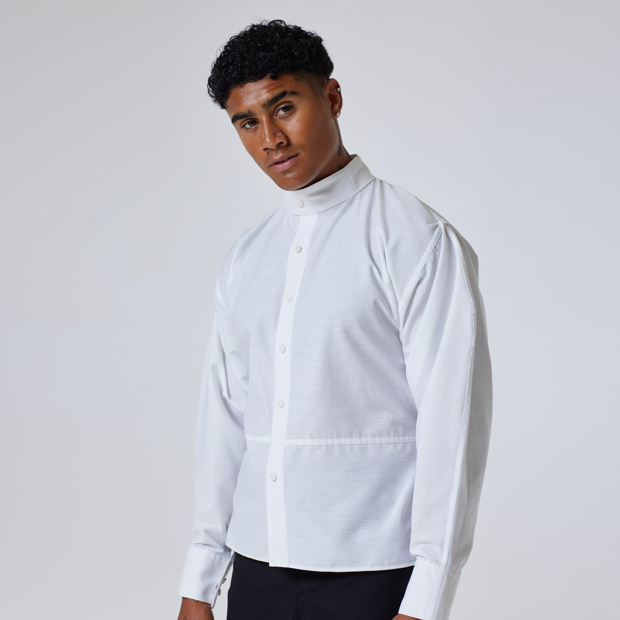 ZERØ London - Mid length view, mens luxury white dress shirt, zero waste fashion, designed & made in London