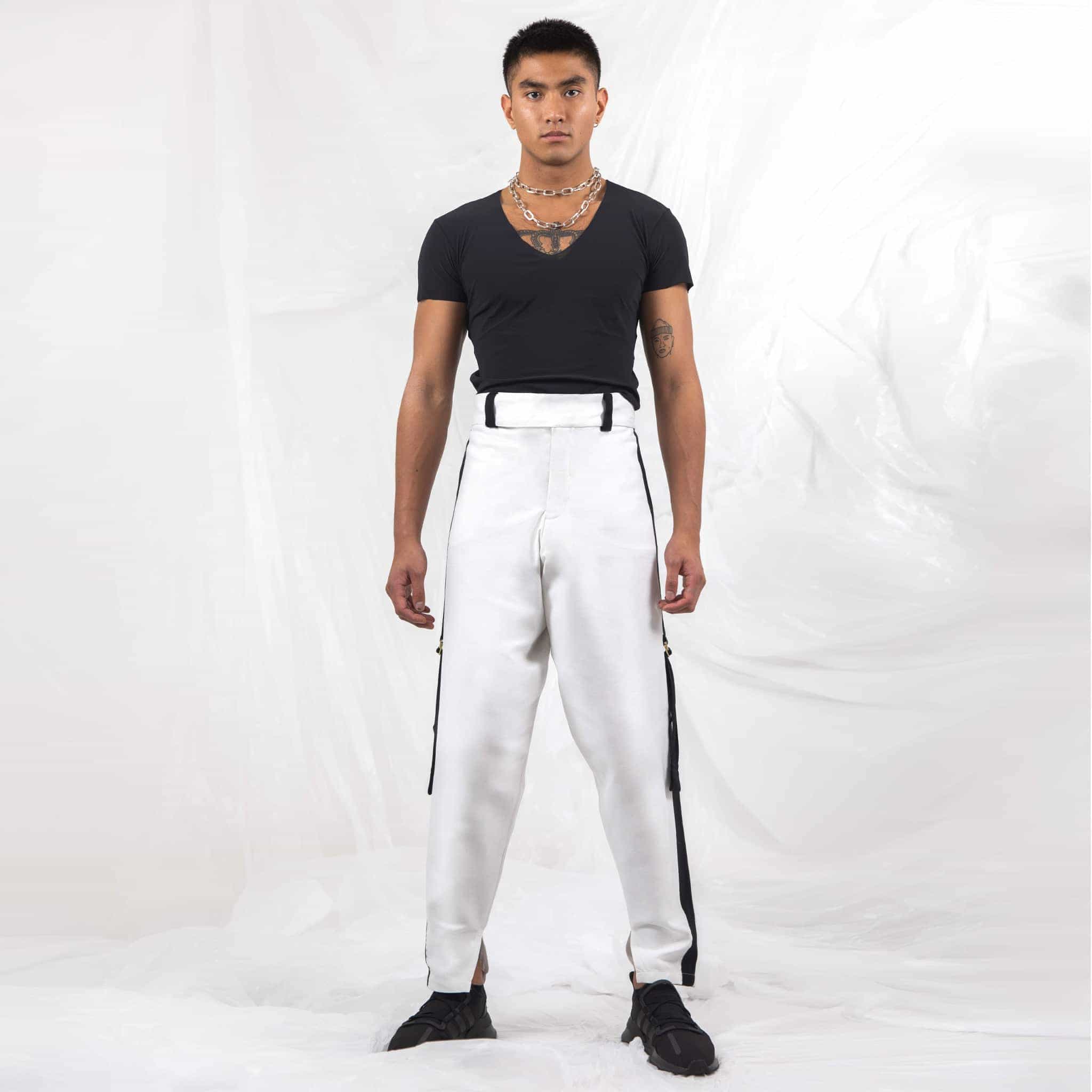 ZERØ London - Front full length view, mens white zero waste trousers with gold d rings and contrast stripe designed & made in London