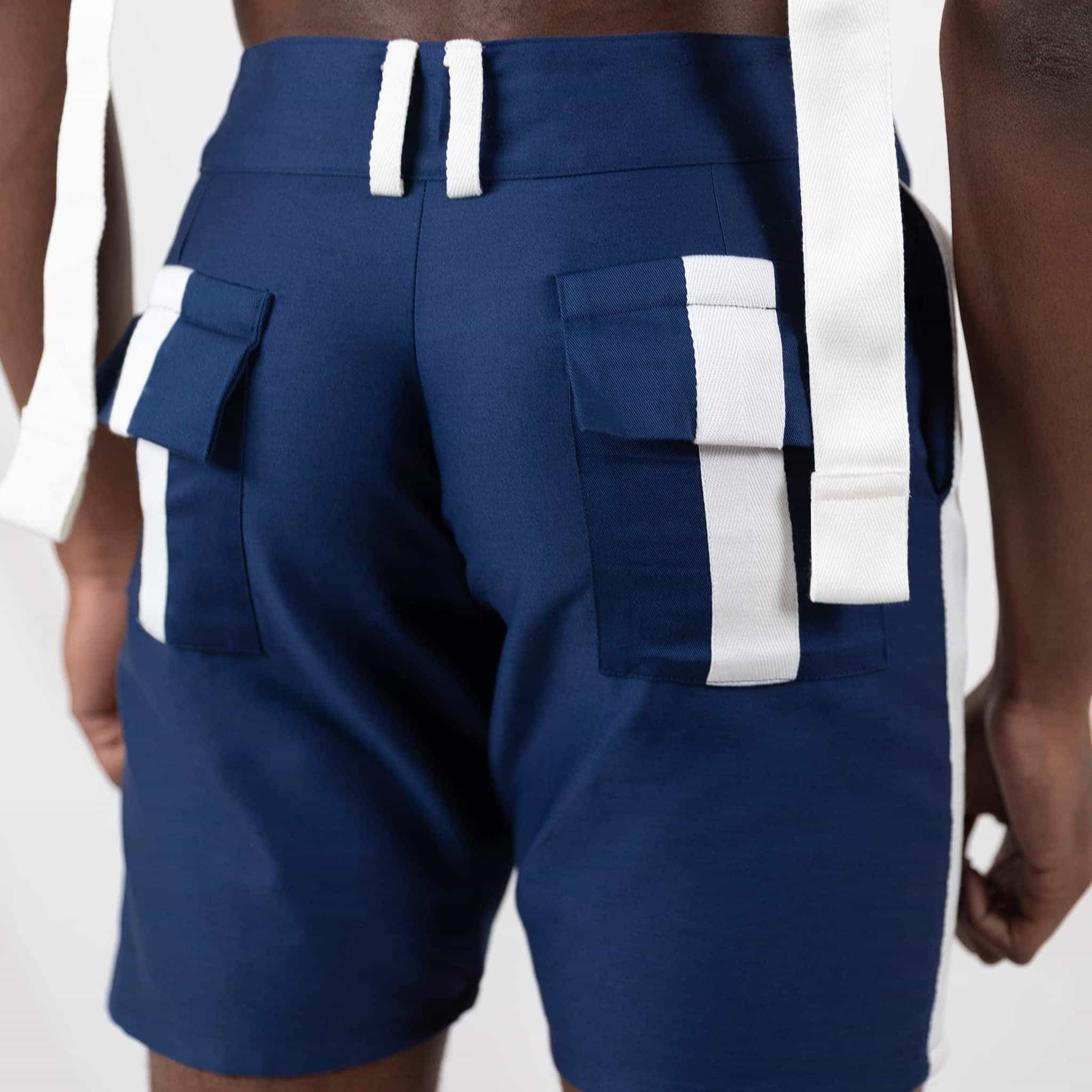   ZERØ London - Back View, navy mens shorts with white stripe designed & made in London