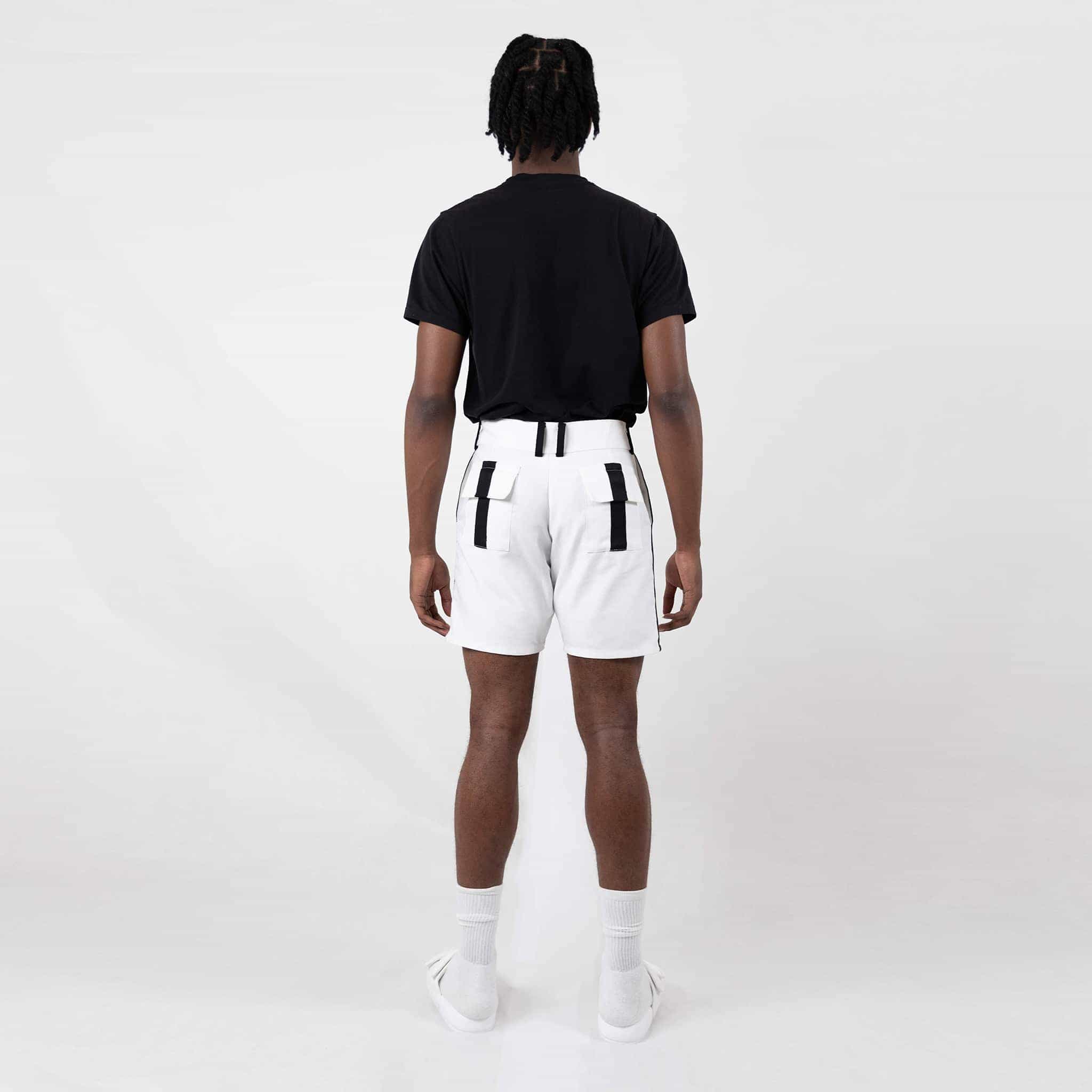   ZERØ London - Back View, white mens shorts with black stripe designed & made in London