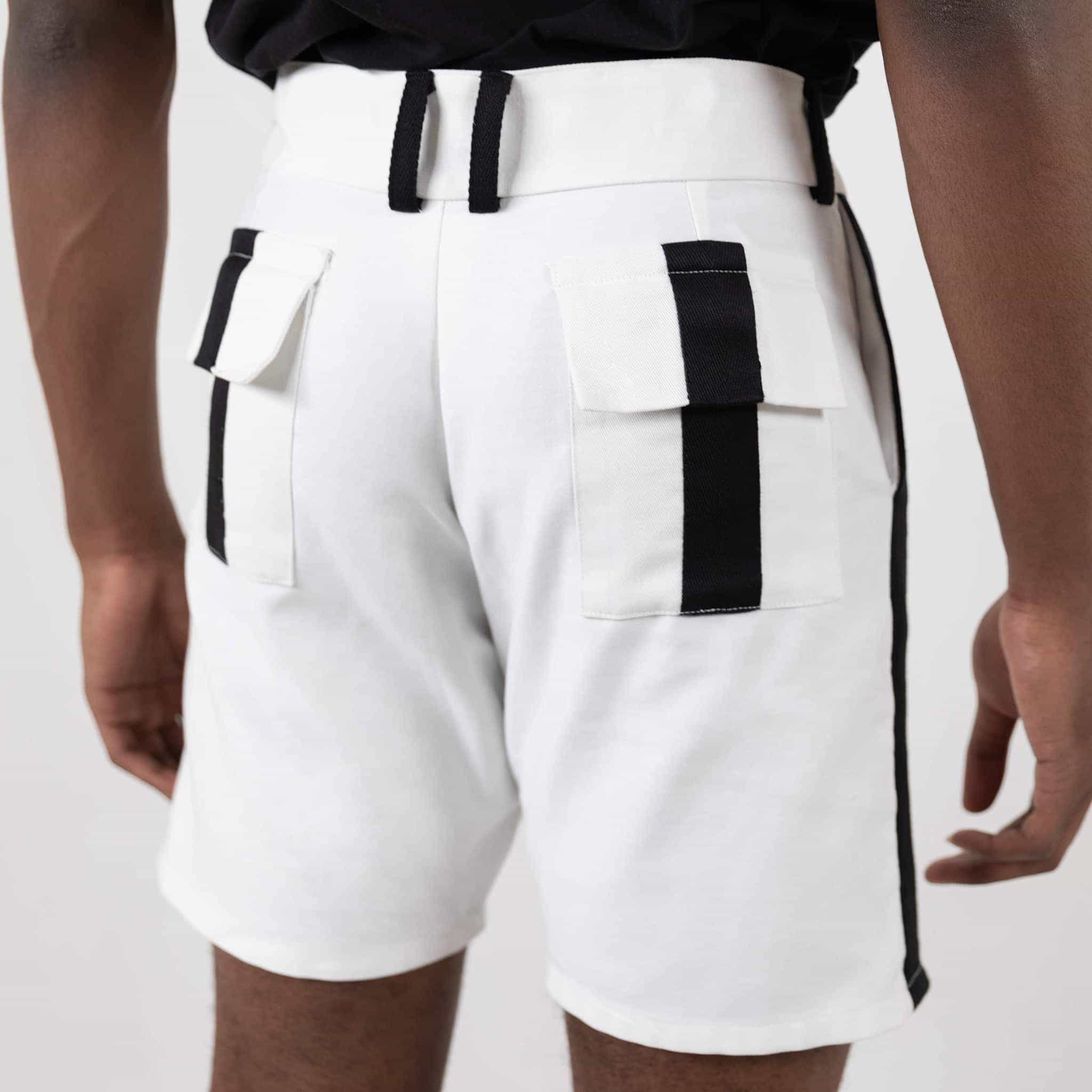   ZERØ London - Close up, white mens shorts with black stripe designed & made in London