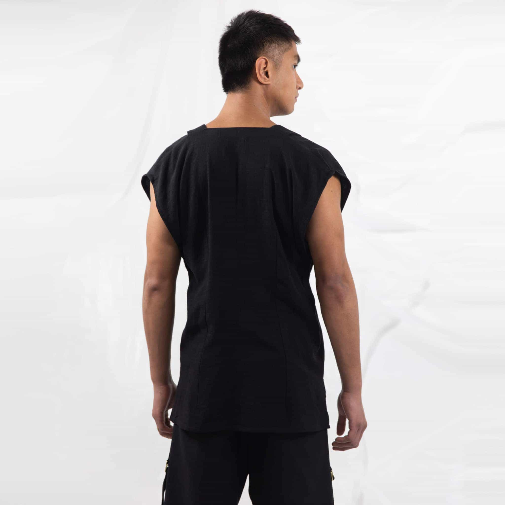 ZERØ London - Back view, mens zero waste kimono vest with red belt and mens black trousers designed & made in London