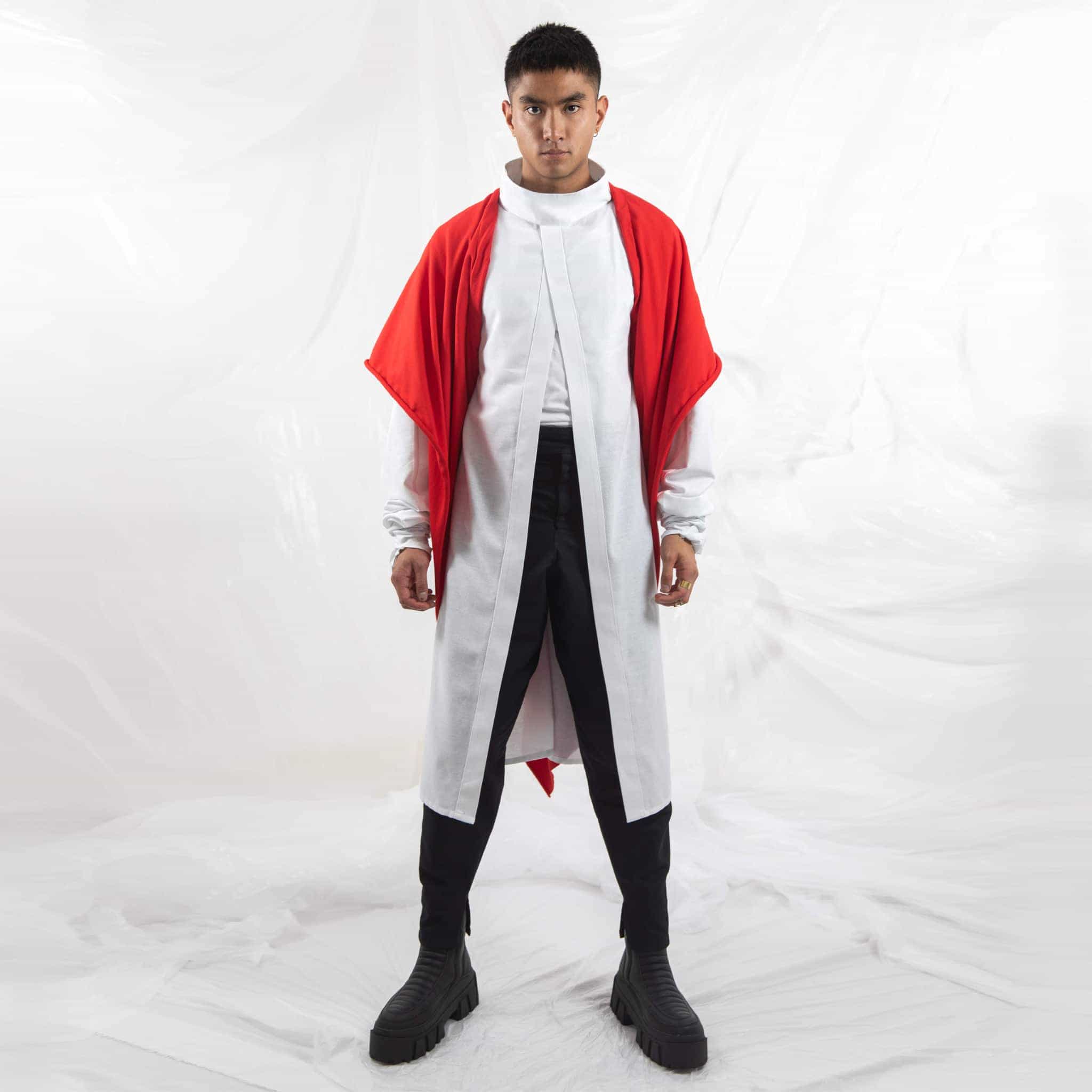  ZERØ London -  Front full length view, red zero waste mens shawl and white tie-belt kimono shirt, designed & made in London