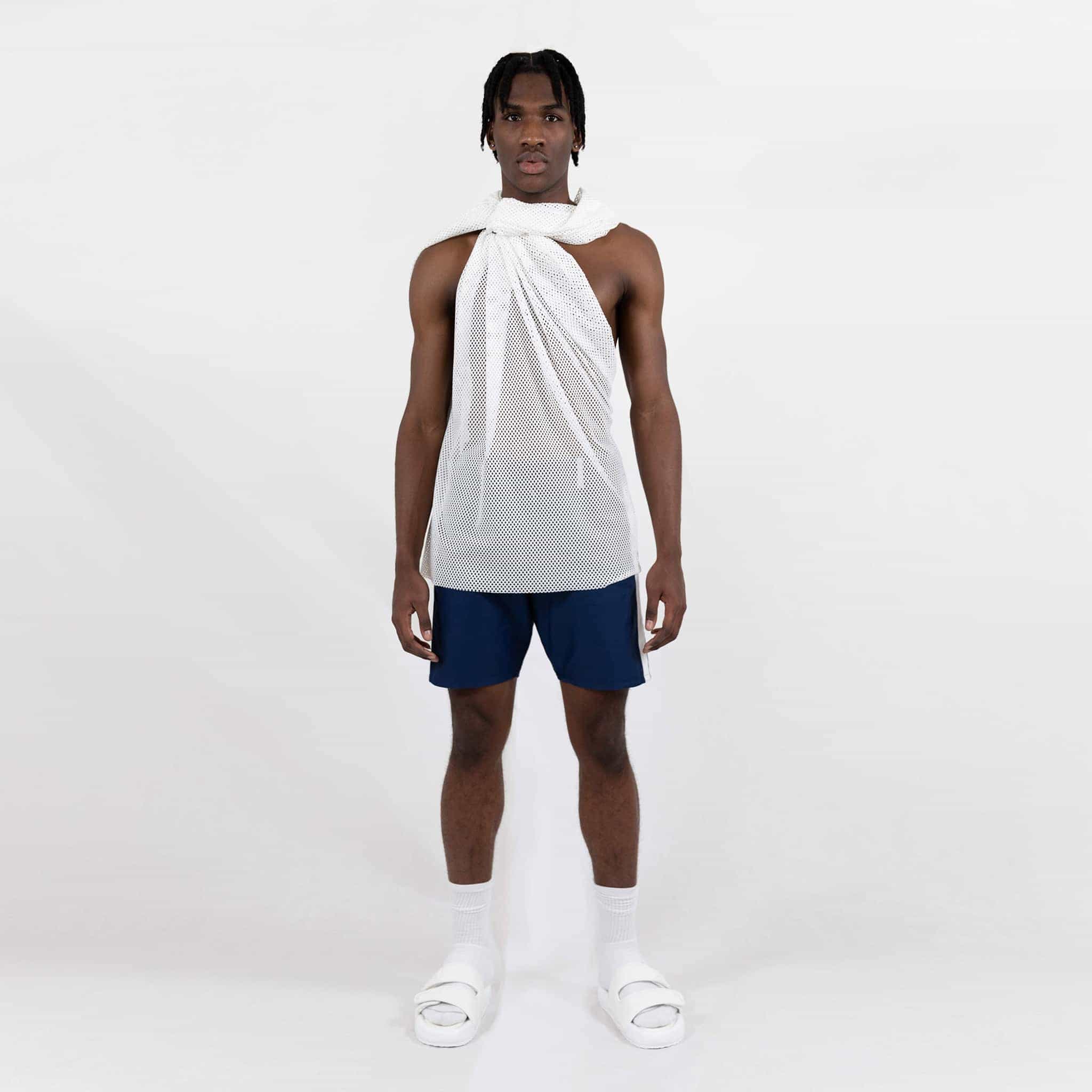 ZERØ London - Front full length view. Mens zero waste vest in white fishnet designed & made in London