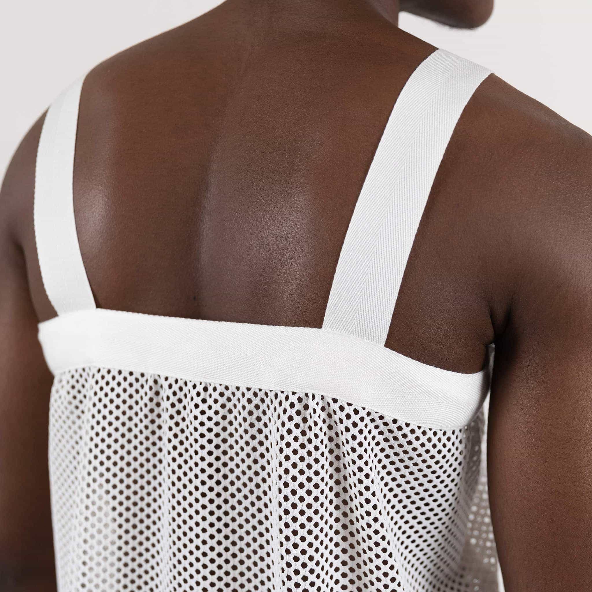 ZERØ London - Close up of back, White zero waste mens vest, zero waste fashion, designed & made in London