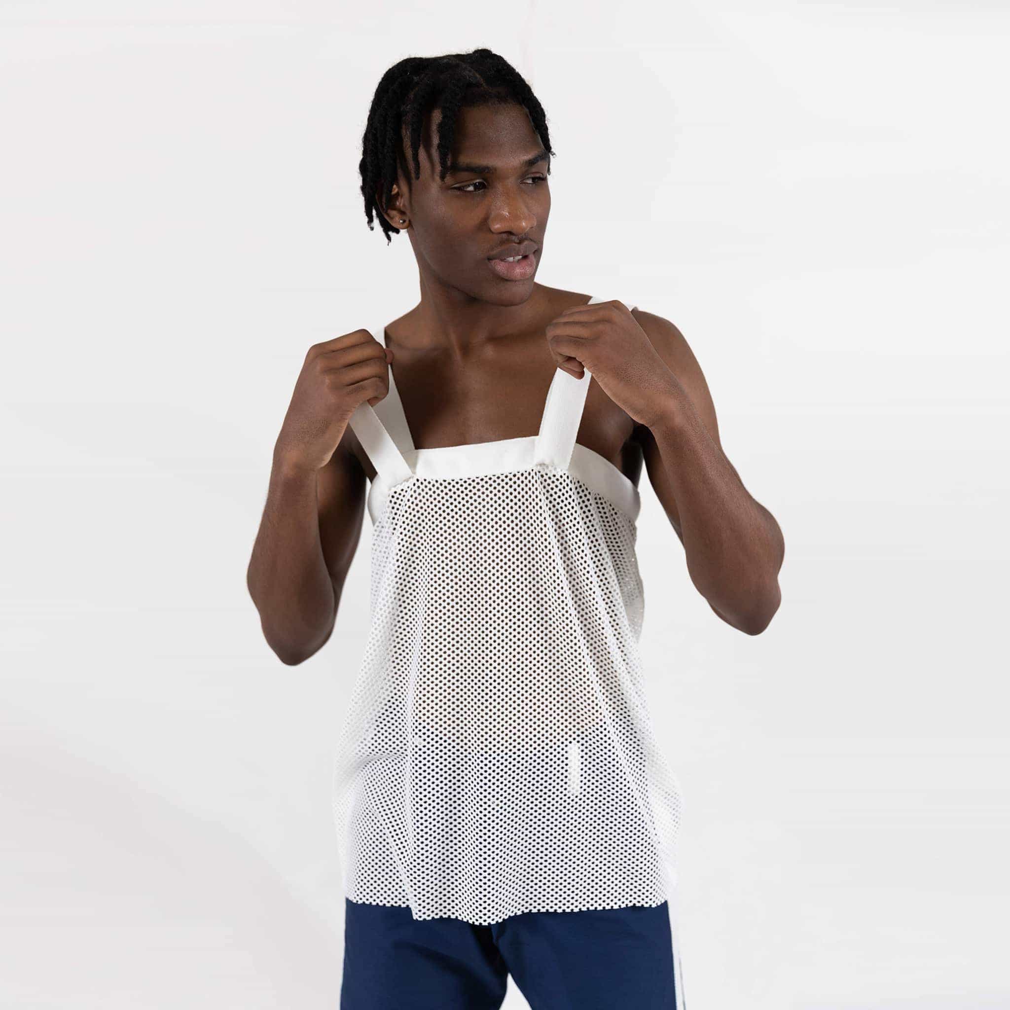 ZERØ London - Front mid-length, White zero waste mens vest, zero waste fashion, designed & made in London